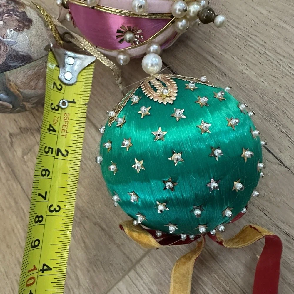 Set Of 3 Christmas Ornaments Push Pin Satin Beaded‎ Angel Pink Green 4